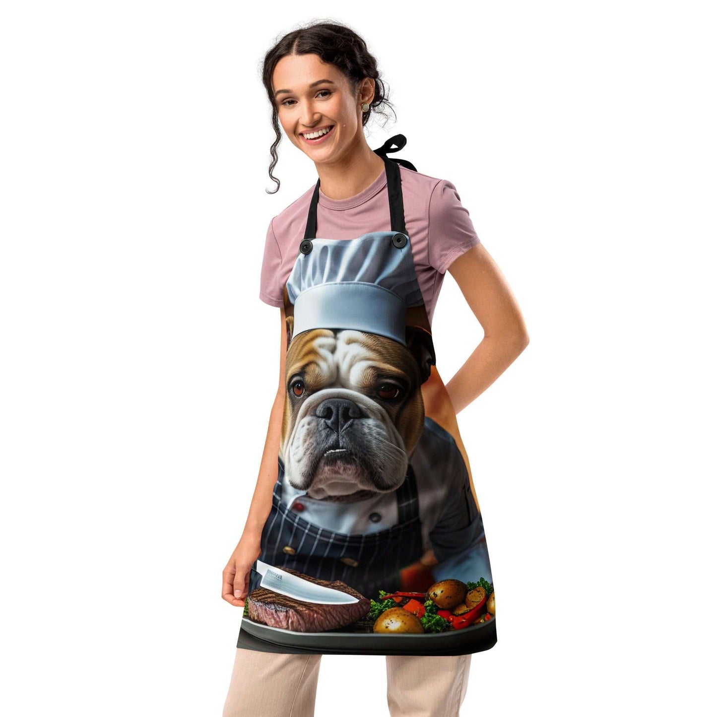 Funny dog Apron featuring whimsical gourmet bulldog design, ideal for dog lovers and home cooks, durable polyester with adjustable straps.