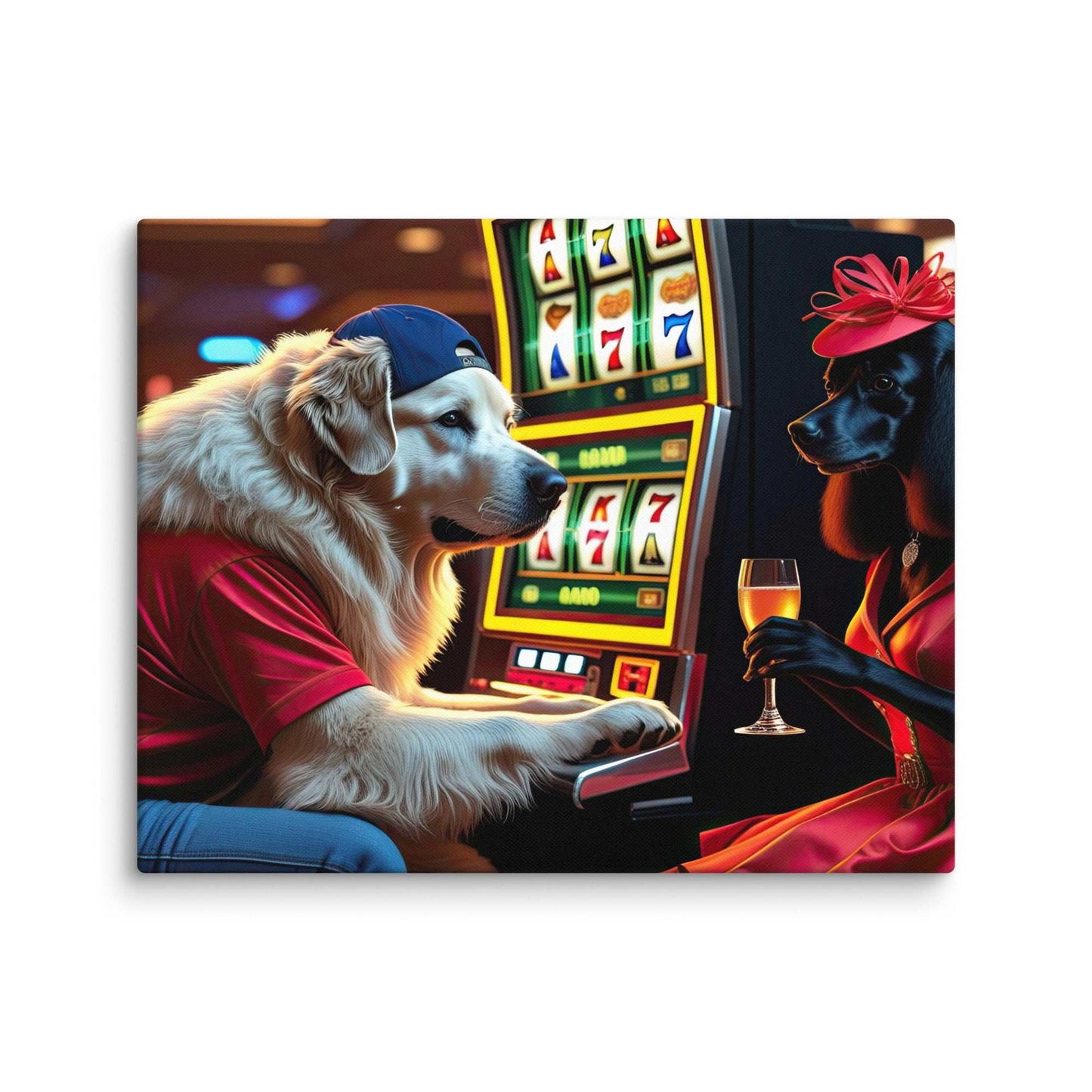 Dog playing slots on funny dog canvas wall art