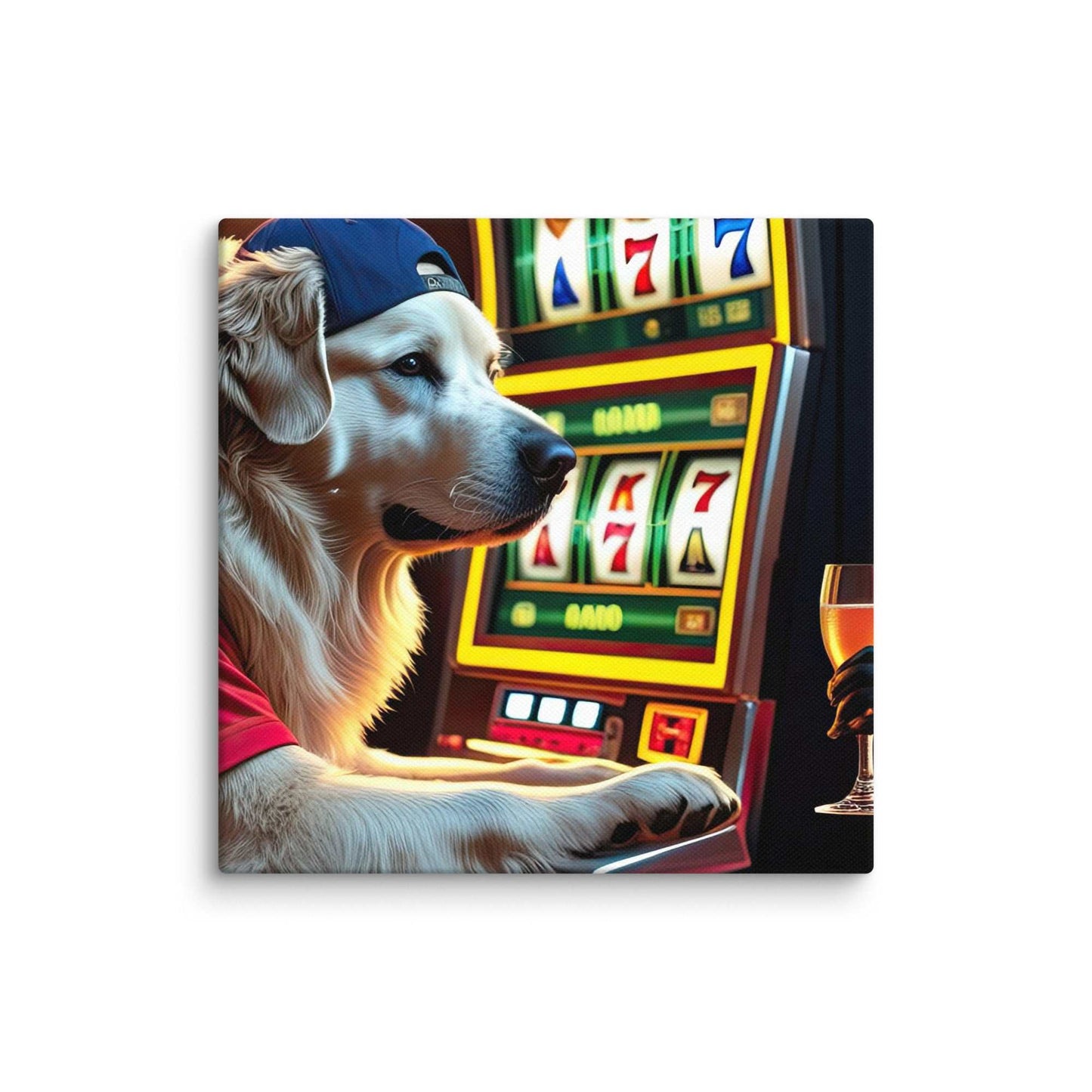 Dog playing slots on funny dog canvas wall art