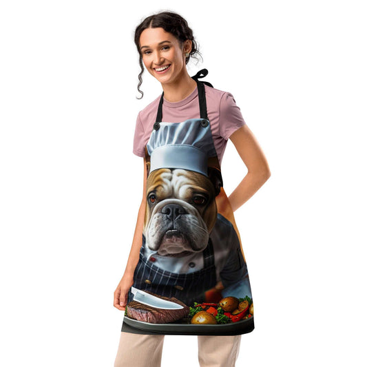 Funny dog Apron featuring whimsical gourmet bulldog design, ideal for dog lovers and home cooks, durable polyester with adjustable straps.