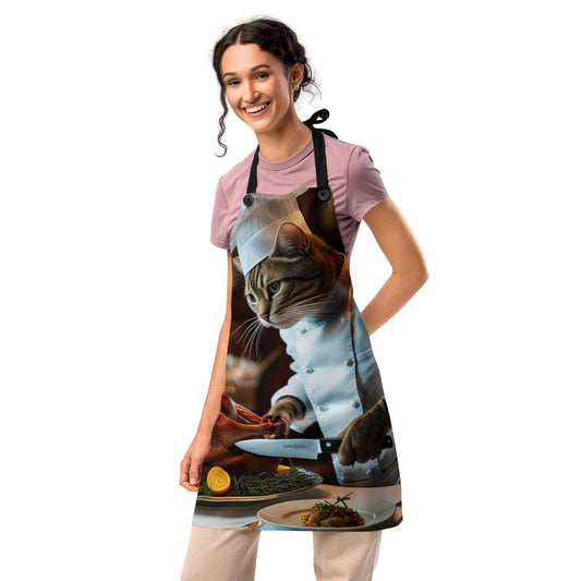 Funny Cat Apron featuring a cat dressed as a chef carving a turkey, perfect for Thanksgiving cooking.